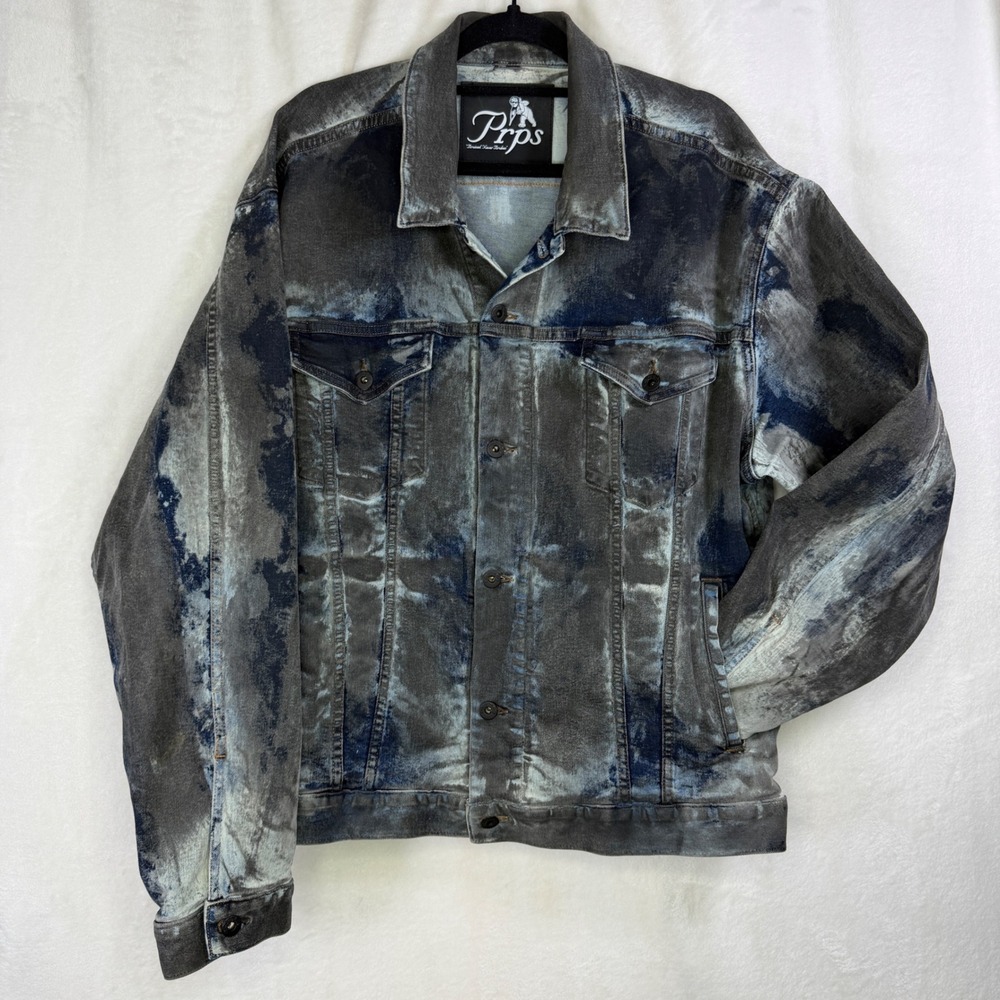 Prps‎ Denim Jacket Mens XL Grey Acid Wash Distressed Bleached Trucker Coat